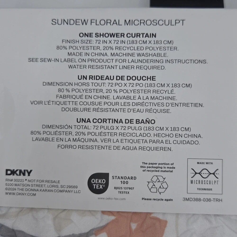 DKNY Sundew Floral Microsculpt Fabric Shower Curtain White‎ Peach 72x72inch